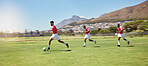 Soccer player, running and soccer ball team sports competition game, grass pitch and goals of winning score in South Africa. Motion blur professional athlete, football field action and outdoor energy