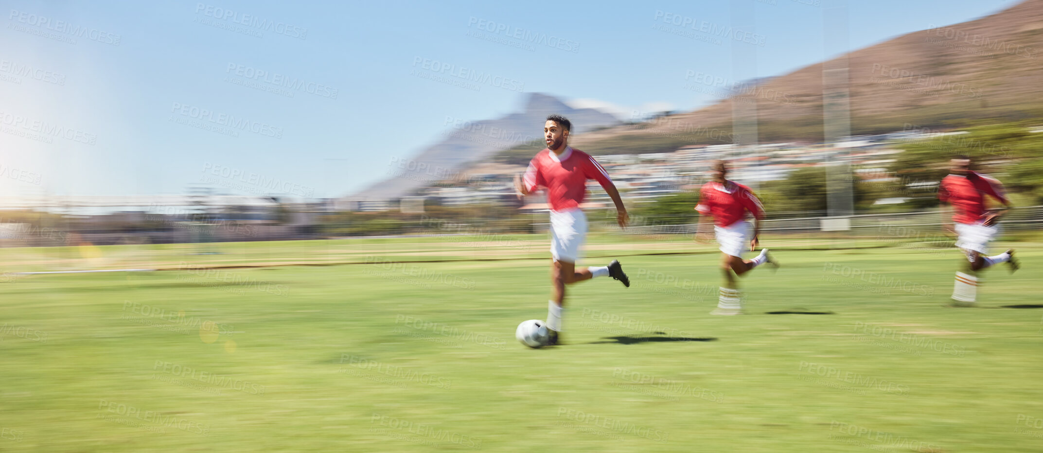 Buy stock photo Sports, youth development and soccer players running on field with ball for game, goals and winning. Football, teamwork and a training match on the grass and practice with soccer ball to score goal.