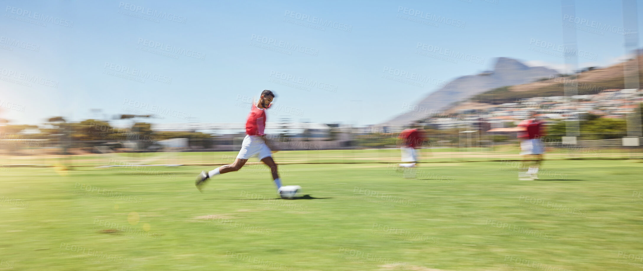 Buy stock photo Running, football and sports with man on field training with team for fitness, games and workout. Freedom, health and goals with soccer player for exercise, energy and action on football field