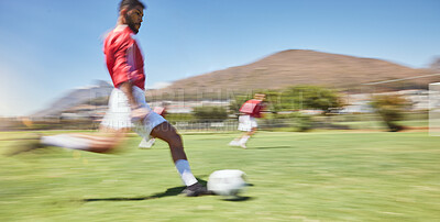 Buy stock photo Action, soccer player and man kick soccer ball on grass pitch, sports competition and team game, goals and winning score. Motion blur football field athlete, running action or outdoor training energy