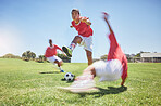 Sports, fitness and soccer, youth on field in summer sun for game, a young man ready to score goal. Football, motivation and running fast, teamwork at training match and practice with soccer ball.