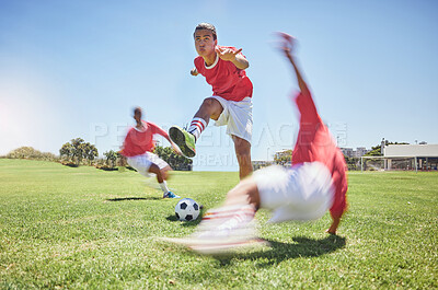 Buy stock photo Sports, fitness and soccer, youth on field in summer sun for game, a young man ready to score goal. Football, motivation and running fast, teamwork at training match and practice with soccer ball.