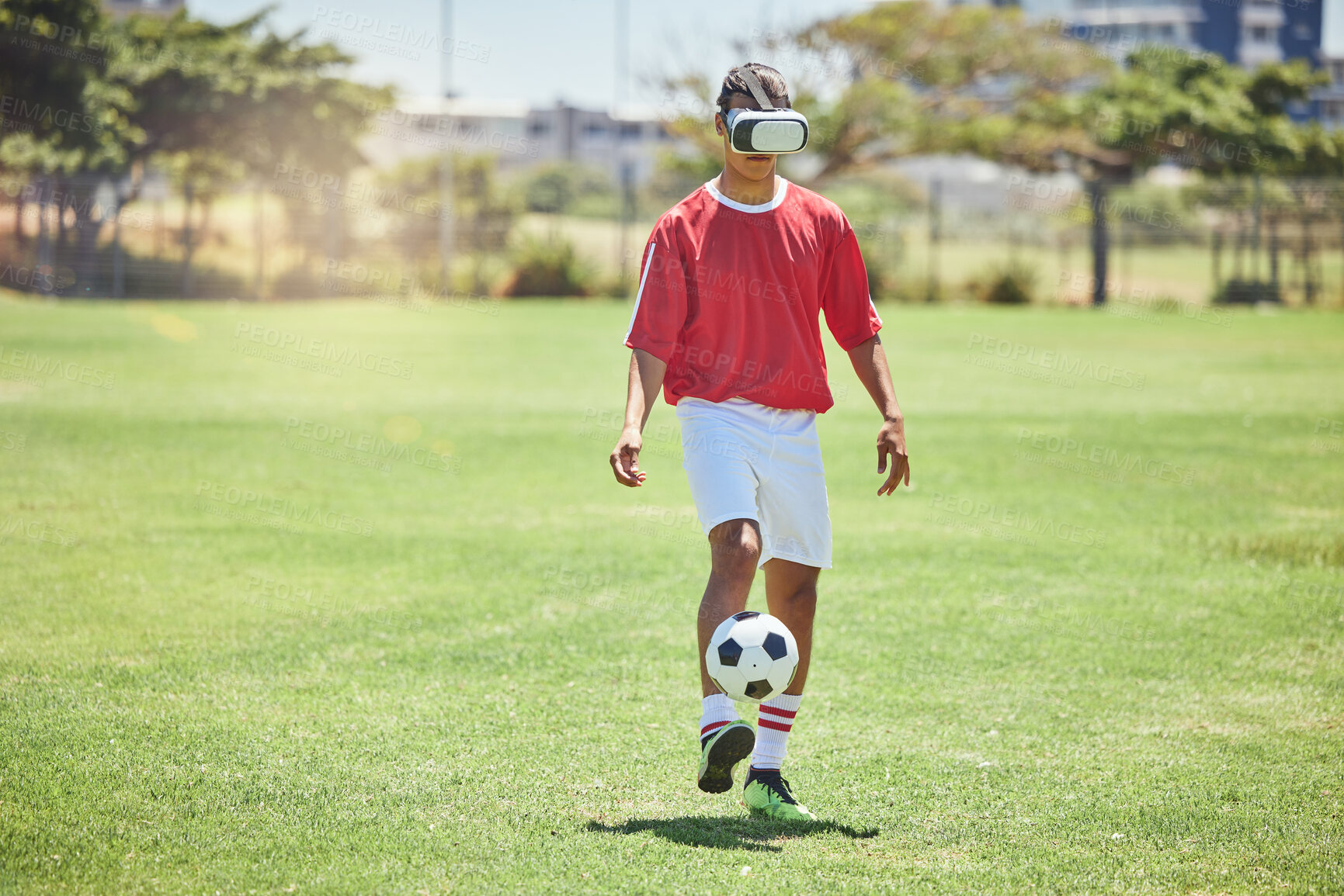 Buy stock photo Soccer player man VR experience, innovation or digital cyber gaming on metaverse football field sports pitch. Fantasy football player, virtual reality and futuristic glasses, ai or high tech training