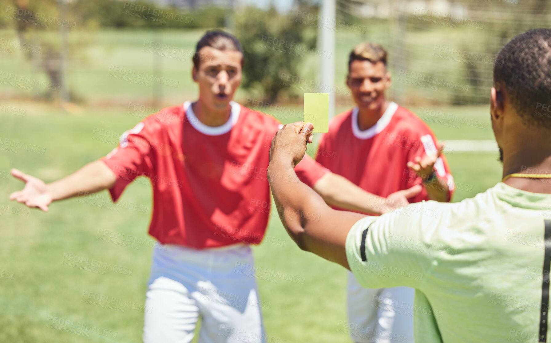 Buy stock photo Man, soccer player and yellow card from referee for sports foul, misconduct or unfair play on the field. Confused men in soccer match getting a warning, sign or penalty for fail in football game law