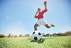 Soccer kick, sport and man athlete ready for team exercise, fitness and exercise game training. Football workout of a soccer player playing sport on an outdoor field in nature for cardio and wellness
