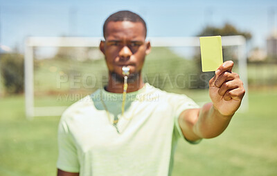 Buy stock photo Soccer, referee and yellow card with a black man giving a caution to a player during a game outdoor. Football, fitness and exercise with a young male booking an athlete during a match outside