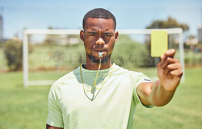 Buy stock photo Soccer, referee and yellow card with a black man booking a player on a grass pitch or field during a game. Fitness, football and discipline with a male ref giving a caution during a sports match