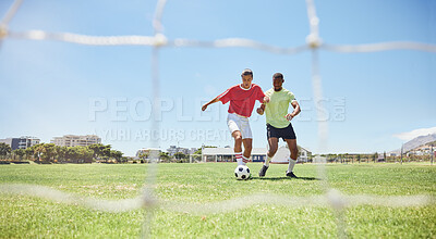 Buy stock photo Soccer, sports and competition with a man athlete and opponent playing a game on a grass pitch. Football, fitness and exercise with a male soccer player and rival running on a field for a workout