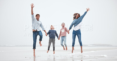 Buy stock photo Beach, jump and portrait of parents with children having fun on family holiday, vacation and weekend getaway. Happiness in mom, dad and kids jumping by the ocean enjoying nature, outdoors and the sea