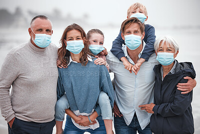 Buy stock photo Big family, covid and portrait with mask on holiday, vacation or trip outdoors. Health, safety and parents, grandparents and children relax, bonding and travel with face mask during covid 19 pandemic