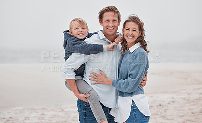 Buy stock photo Family, beach and piggy back for child in portrait, happy and smile on vacation, holiday and relax. Kid, mom and dad with happiness, bonding or nature for ocean, sea and travel for adventure together