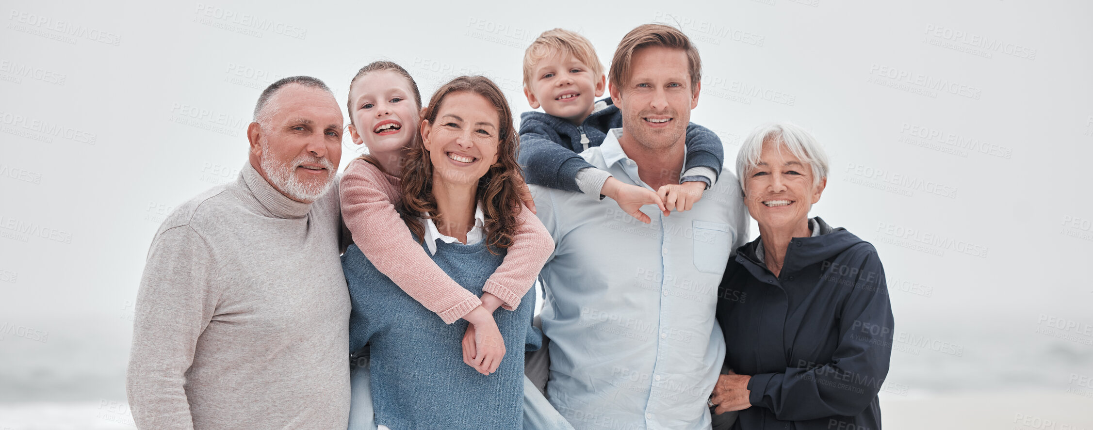 Buy stock photo Family, children and beach with parents, grandparents and kids outdoor together while on holiday or vacation. Travel, love and bonding with a senior man, woman and grandkids spending time on a coast