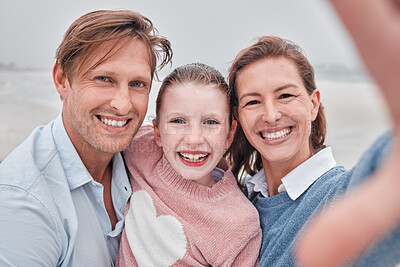 Buy stock photo Family selfie portrait at beach holiday, summer vacation and relaxing sea together. Video call faces of excited, smile and happy mom, dad and girl kid photos for fun, happiness and sunny ocean travel