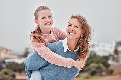 Buy stock photo Mother, child and piggy back on beach on summer holiday smile in Greece. Portrait of woman with girl at the holiday with mom, happy kid and vacation with family love, freedom and fun in a town