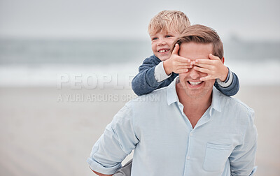Buy stock photo Father, boy and piggy back beach, vacation or summer holiday outdoor. Love, family and dad, kid walking and bonding together spending time on ocean, sea or sandy shore in support, care and piggy back