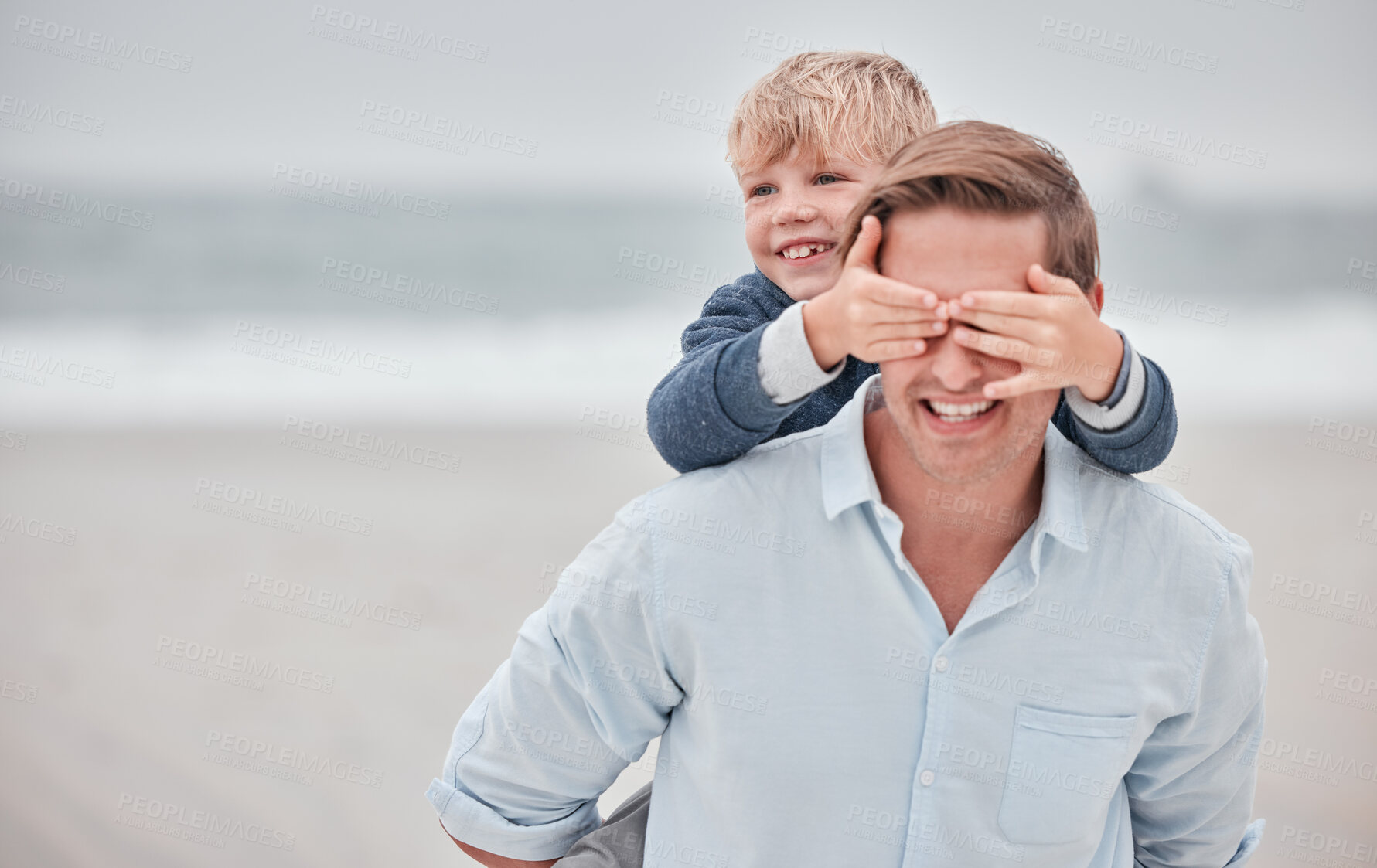 Buy stock photo Father, boy and piggy back beach, vacation or summer holiday outdoor. Love, family and dad, kid walking and bonding together spending time on ocean, sea or sandy shore in support, care and piggy back