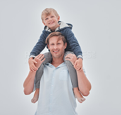 Buy stock photo Family, children and beach with a father and son outside on an overcast day against a gray background while on vacation together. Summer, freedom and travel with a man on boy on a coastal holiday