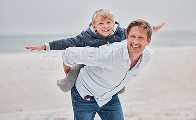 Buy stock photo Family, portrait and airplane game by father and child at a beach, playing and having fun on a sea vacation. Happy family, children and fly with parent and son bonding, relax and enjoying ocean trip