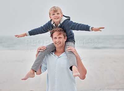 Buy stock photo Child, dad and piggy back on beach on a family holiday ocean walk in Australia. Travel, fun and a portrait of happy father and son with smile playing on sea sand on vacation with open sky and waves.