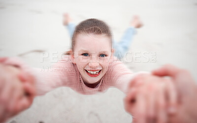 Buy stock photo Child swinging from hands at beach, pov and happy, smile and laugh. Fun time, motion or girl in garden spinning from arms, support from dad in nature. Kid, sand and swing from hand in field in Sweden