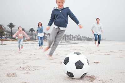 Buy stock photo Family, soccer and beach playing on sand together for fun bonding time for sports and exercise in nature. Happy children and parents in playful fitness for football game on a sandy ocean shore