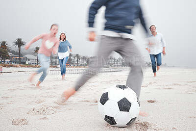 Buy stock photo Beach, soccer and family beach sport on the sand with happy energy and quality time. Football and summer game on the sand with kids and parents having vacation fun by the ocean, sea and nature 