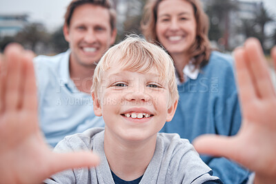 Buy stock photo Happy family, mother and child take a selfie with father in a portrait in winter holidays, vacation or weekend. Smile, mom and dad with young kid enjoys bonding or taking pictures outdoors in Berlin
