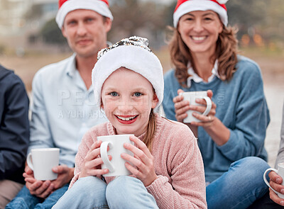 Buy stock photo Nature, portrait and christmas drink with family excited for holiday, gathering and beverage together. Parents, child and happy family smile on festive vacation with tea, coffee or hot chocolate.

