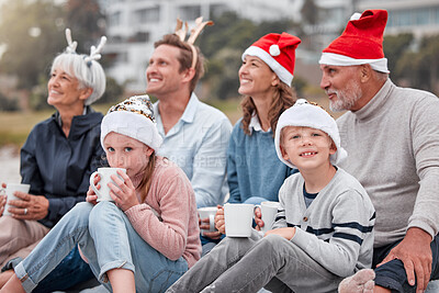 Buy stock photo Happy, big family and relax for Christmas holiday, bonding and quality time together in the outdoors. Parents, grandparents and kids with drink in family celebration for December, festive or new year