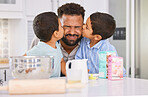 Father, kiss and children in a home kitchen for cooking and baking food with love, care and happiness. Happy black man dad and kids together in a family home making food and bonding at a house