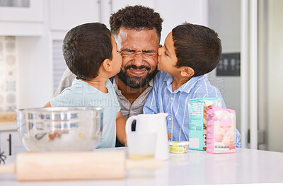 Buy stock photo Father, cooking kiss and children in a home kitchen for baking food with love, care and happiness. Happy black man dad and kids smile together in a family home making food and bonding at a house