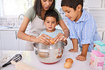 Cooking, learning and mother with children in kitchen for happy, breakfast and health together. Wellness, food and help mom teaching kids chef in family home for baking dessert, cake or cookies 