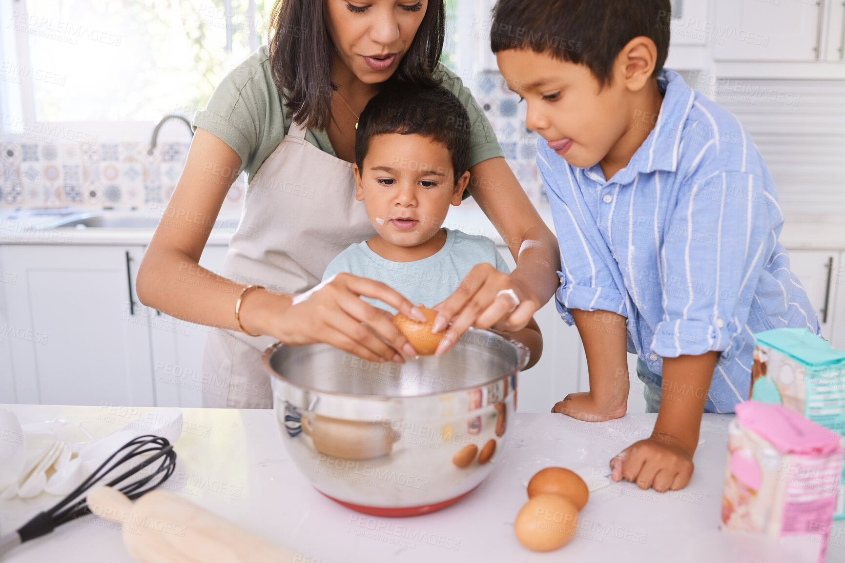 Buy stock photo Cooking, learning and mother with children in kitchen for happy, breakfast and health together. Wellness, food and help mom teaching kids chef in family home for baking dessert, cake or cookies 