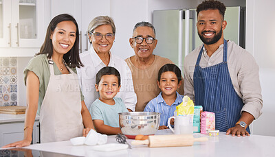 Buy stock photo Family, baking and cooking with children, parents and grandparents learning dessert, cake recipe and skills in home kitchen. Portrait, smile and love of happy men, women and kids helping with food