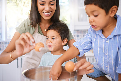 Buy stock photo Mother, boy and children with egg for boiling, cooking and learning together in kitchen at house while on holiday. Mom, kids and food for eggs, education and teaching for breakfast, lunch or dinner