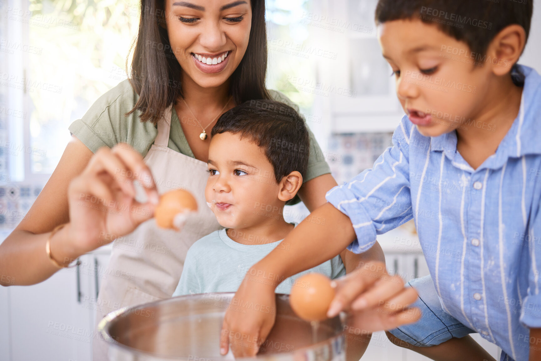 Buy stock photo Mother, boy and children with egg for boiling, cooking and learning together in kitchen at house while on holiday. Mom, kids and food for eggs, education and teaching for breakfast, lunch or dinner