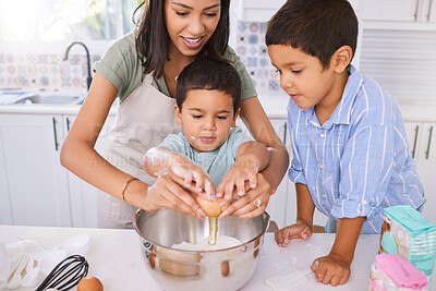 Buy stock photo Mom, kids and kitchen for baking, cooking or cake in home while excited, happy or smile on face. Mother, boy and children in house to crack egg for learning of food, cookies or muffins in Los Angeles