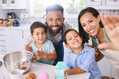 Buy stock photo Black family, cooking and home kitchen of a mom selfie, father and children with a happy smile. Portrait and real moment of mother, dad and kids in a house learning cooking with food bonding together