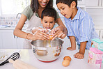 Baking, mother and children learning about cooking, food and lunch in the kitchen together. Happy, young and mom teaching, helping and making a cake, cookies or dinner with kids in their house
