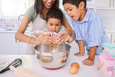 Buy stock photo Baking, mother and children learning about cooking, food and lunch in the kitchen together. Happy, young and mom teaching, helping and making a cake, cookies or dinner with kids in their house