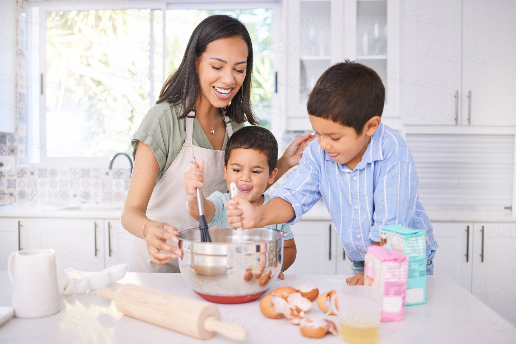 Buy stock photo Baking, kids and mom in the home kitchen cooking food with a boy and baby with happiness. Family, mother and happy children smile at a house teaching with ingredients together smiling in family home