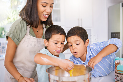 Buy stock photo Learning, cooking and mom teaching boys how to bake in home kitchen. Education, support and happy mother spending time together with kids, bonding and baking delicious food, egg and flour recipes.


