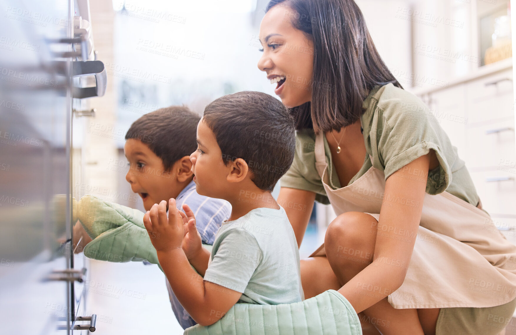 Buy stock photo Wow, mother and children cooking in the oven in their kitchen together in their house. Surprise, shock and happy kids waiting for food, lunch or dinner with their excited mom in their family home