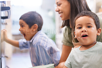 Buy stock photo Mom, kids and oven in kitchen for baking, cooking or cake in home with happy, excited and smile on face. Mother, boy and children in house for preparation of cookies, food or muffin in Los Angeles