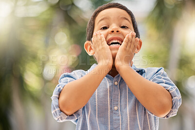 Buy stock photo Backyard, portrait and surprised child with a smile playing outdoor in nature at his home. Happy, shocked and wow expression of a boy kid having fun in the garden during summer at his house in Brazil