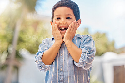 Buy stock photo Portrait, smile and surprised happy boy in nature, outdoors or smiling outside. Surprise, comic and laughing kid from Brazil, shocked facial expression or joy, happiness and enjoying childhood life.