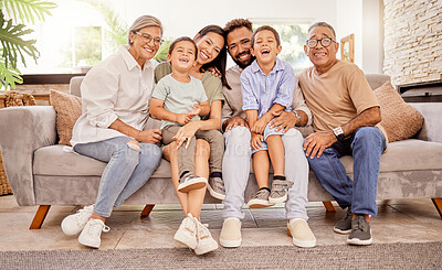 Buy stock photo Big family, happy and home living room sofa of a mother, parents and children together with a smile. Portrait of kids, father and elderly people with happiness about love and care on a lounge couch