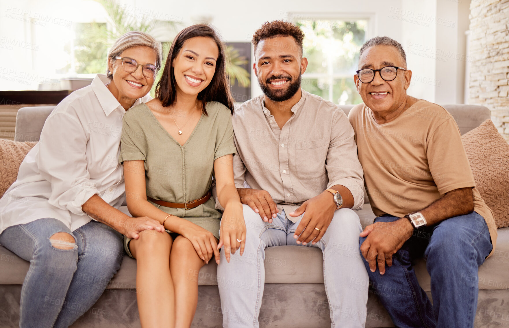 Buy stock photo Happy family, portrait and relax on sofa happy, smile and bond in living room together. Senior couple, retirement and visit by man and woman enjoying quality time on the weekend with mature parents 