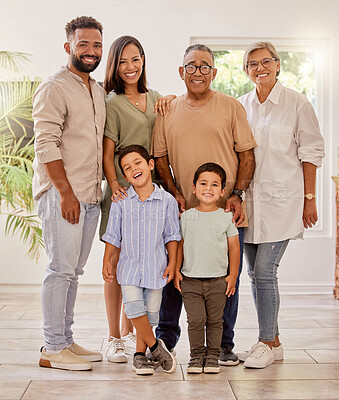 Buy stock photo Happy family portrait with kids, parents and grandparents with smile standing in brazil home. Happiness, family and generations of men, women and children spending time together making fun memories.