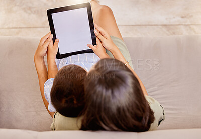 Buy stock photo Mother, tablet and child screen, mockup and social media on a sofa from above in home. Marketing, advertising or product placement on technology with woman and boy watching movie subscription online